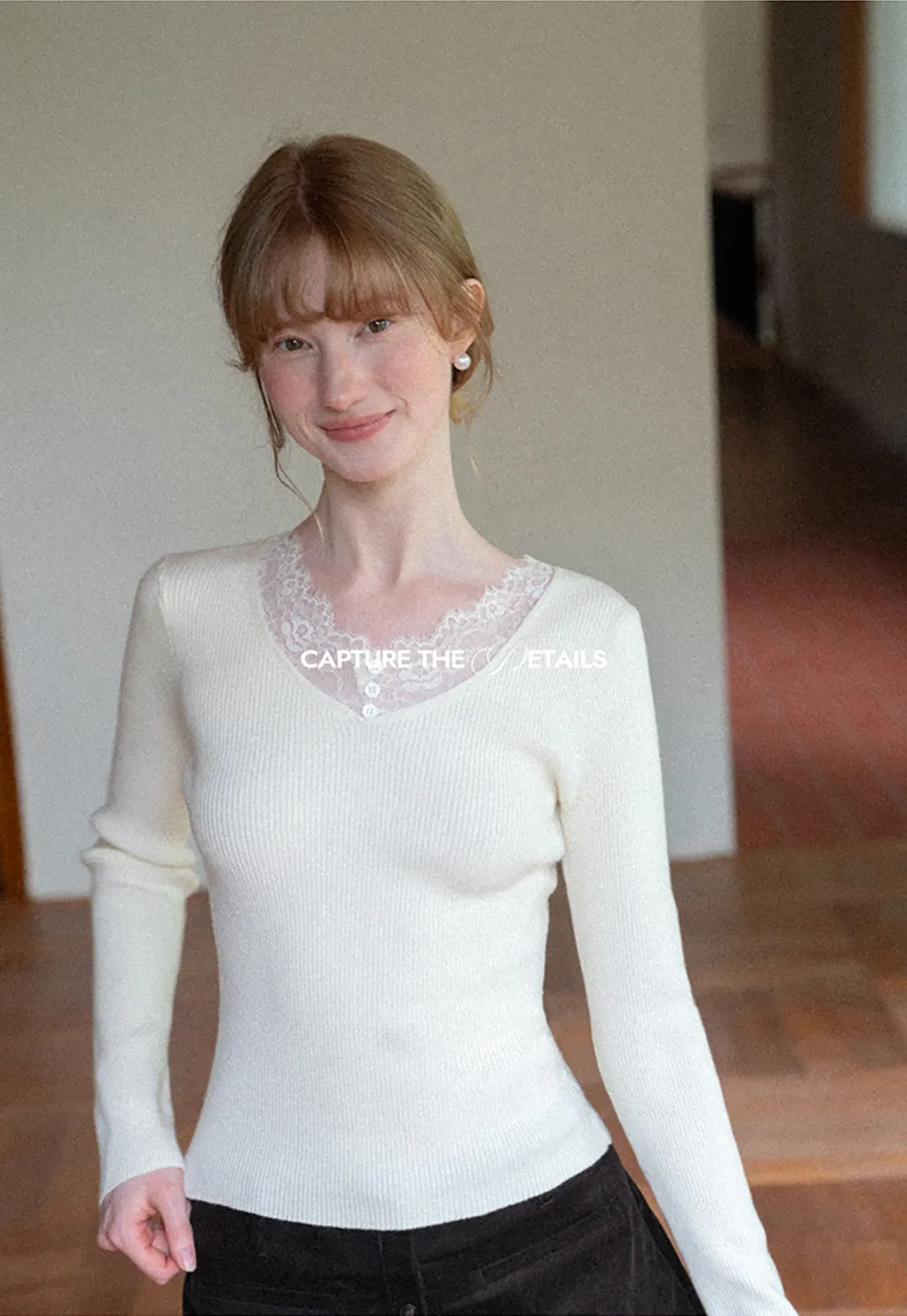 Lace Trim V Neck Ribbed Knit Sweater