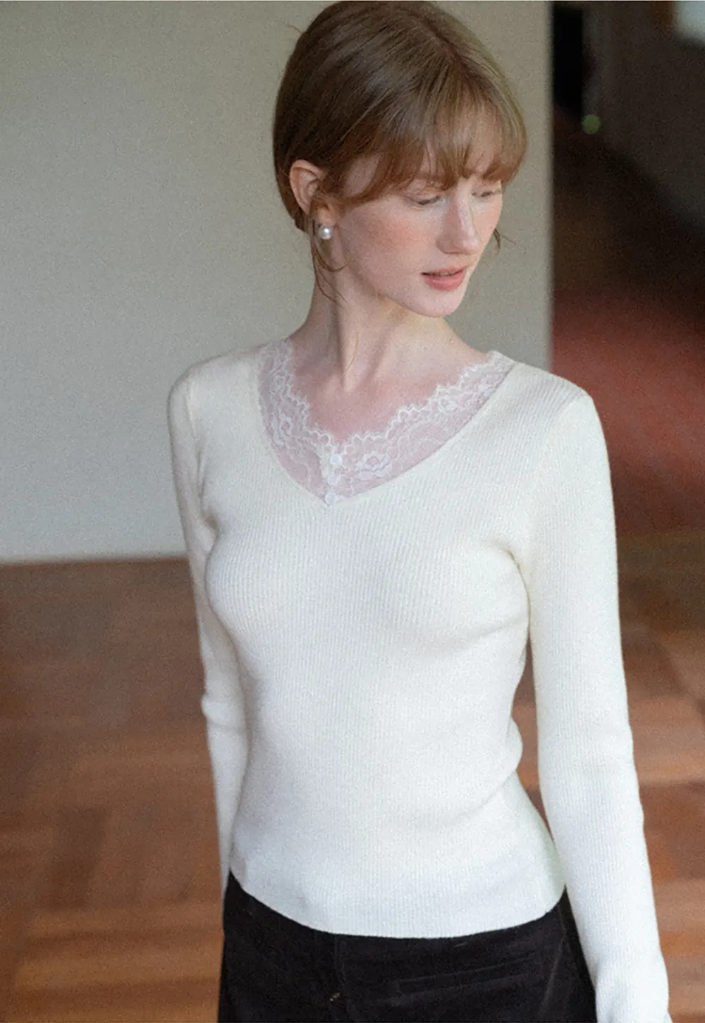 Lace Trim V Neck Ribbed Knit Sweater