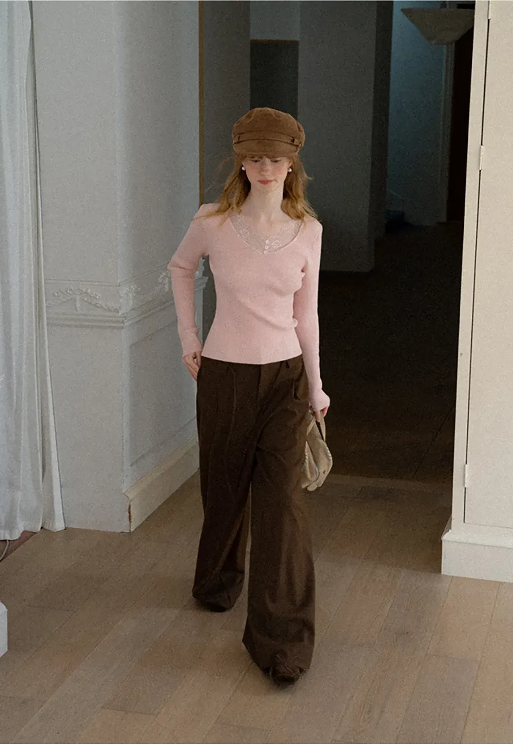 Lace Trim V Neck Ribbed Knit Sweater