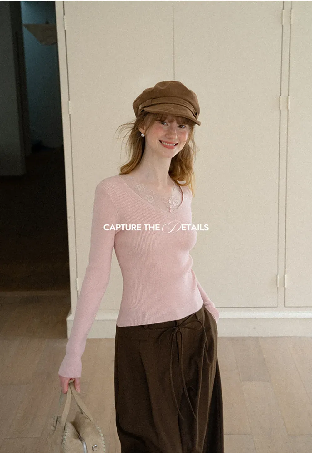 Lace Trim V Neck Ribbed Knit Sweater