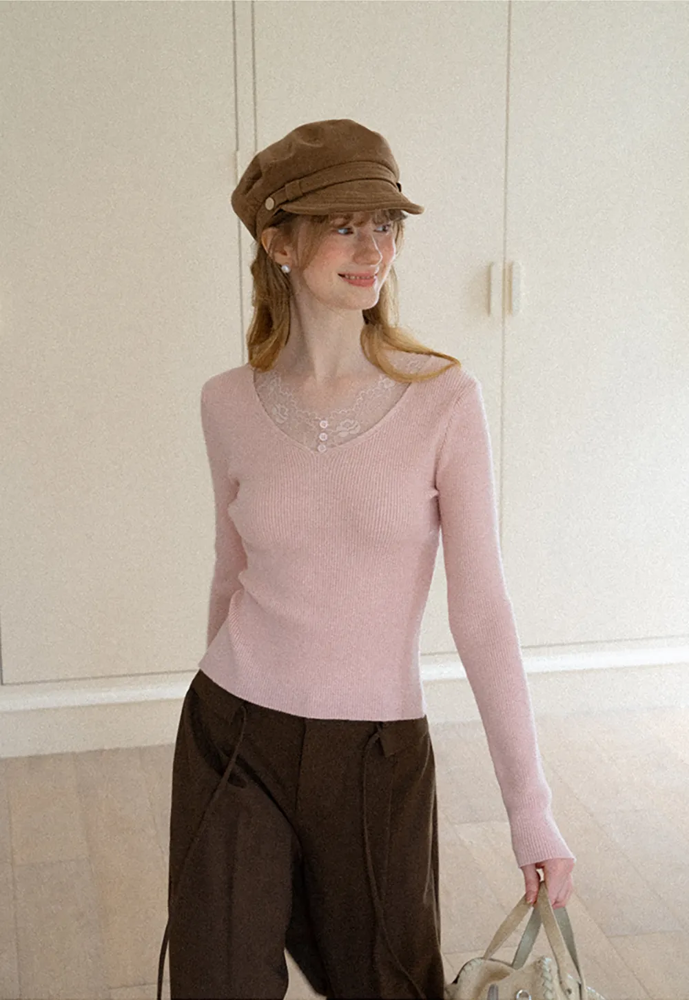 Lace Trim V Neck Ribbed Knit Sweater