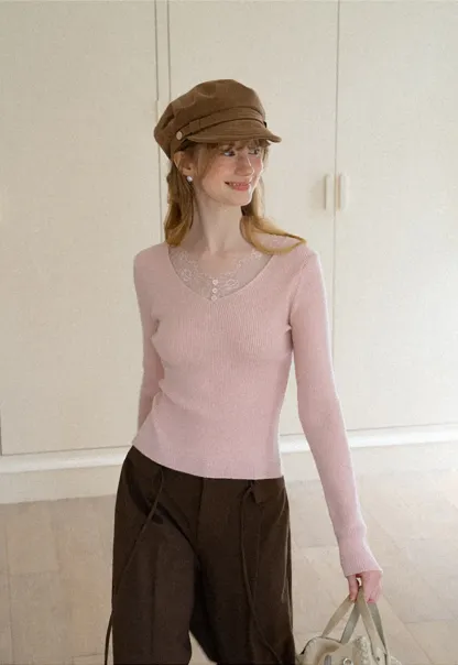 Lace Trim V Neck Ribbed Knit Sweater