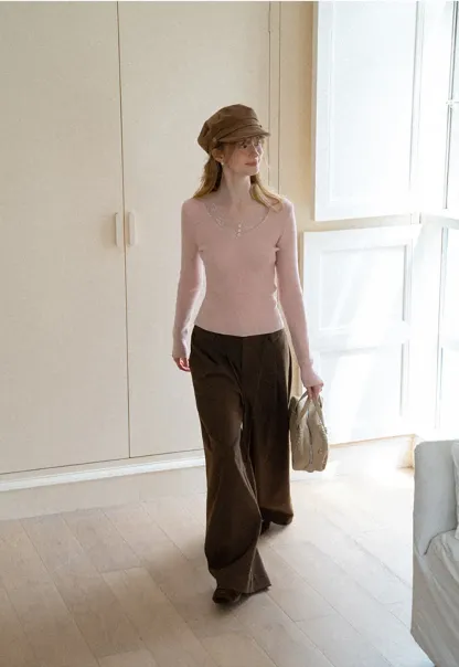 Lace Trim V Neck Ribbed Knit Sweater