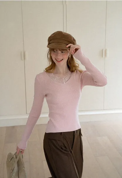 Lace Trim V Neck Ribbed Knit Sweater