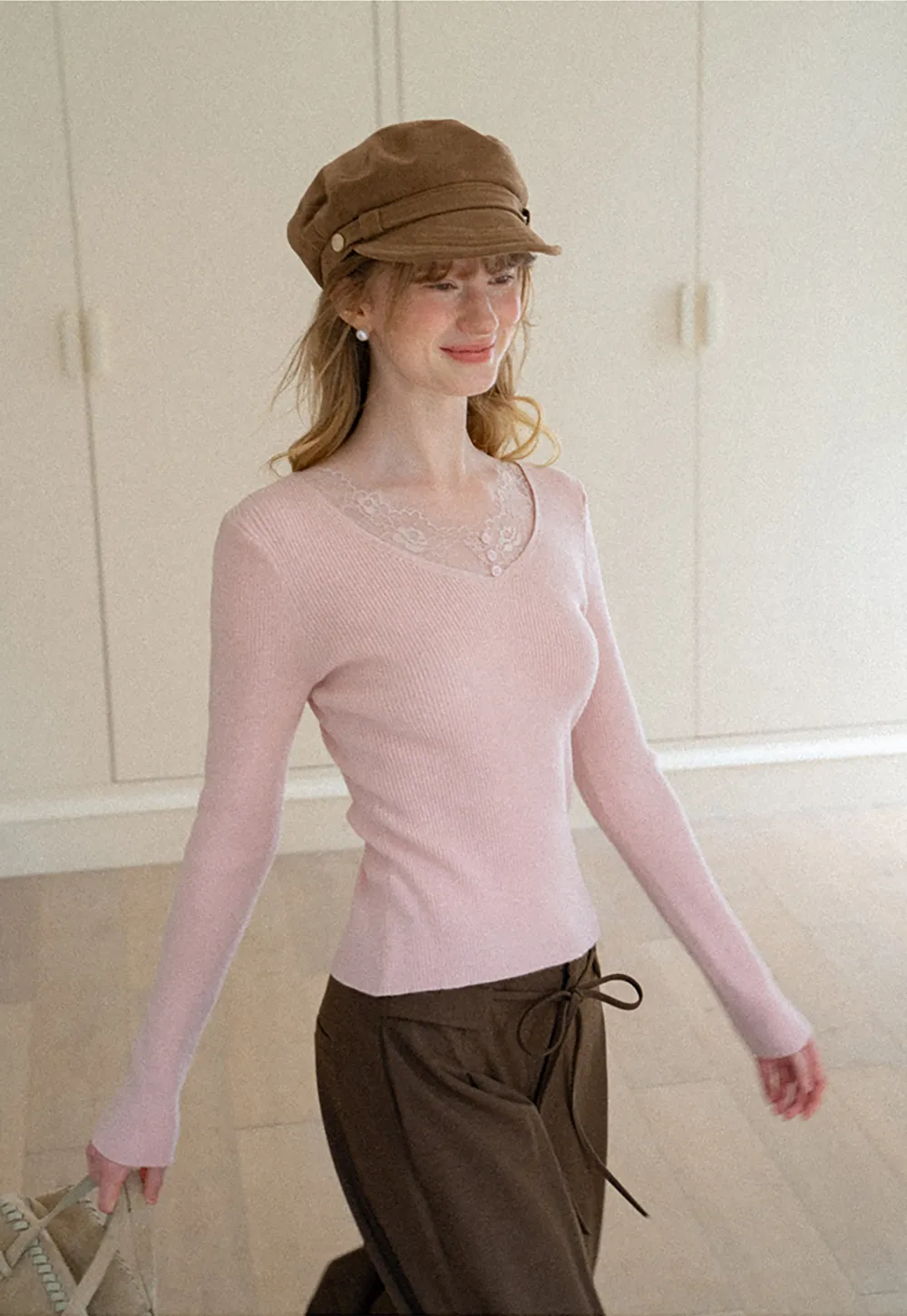 Lace Trim V Neck Ribbed Knit Sweater