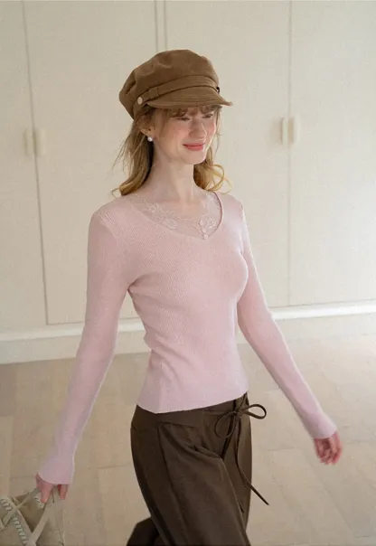 Lace Trim V Neck Ribbed Knit Sweater