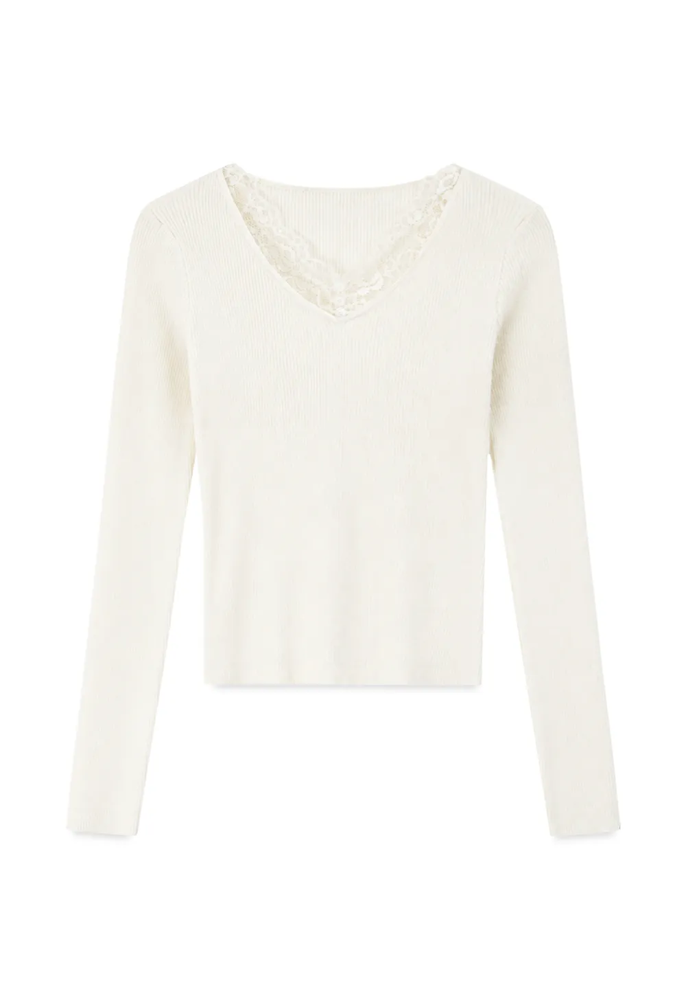 Lace Trim V Neck Ribbed Knit Sweater