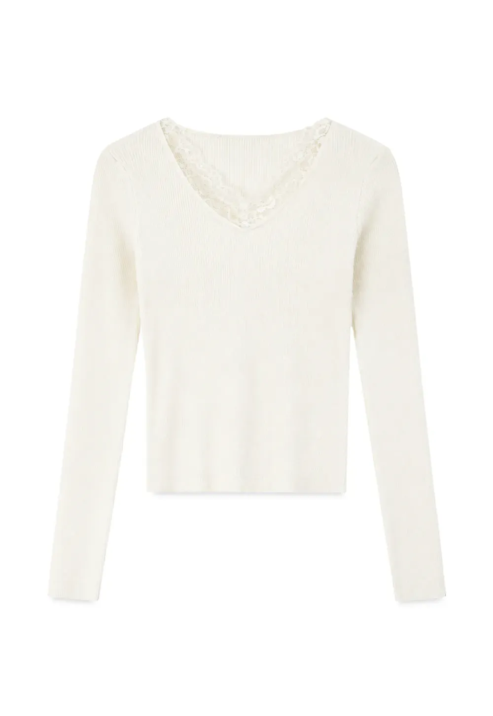 Lace Trim V Neck Ribbed Knit Sweater