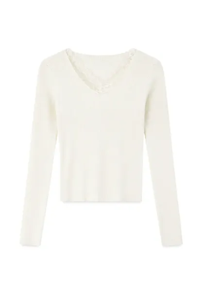 Lace Trim V Neck Ribbed Knit Sweater