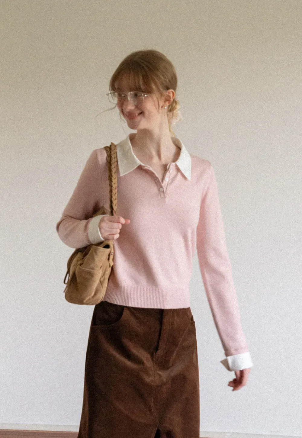 Contrast Collar Ribbed Knit Polo Sweater