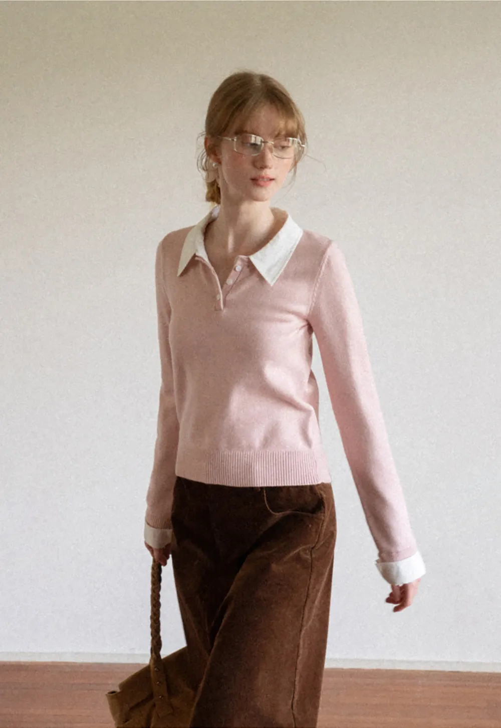 Contrast Collar Ribbed Knit Polo Sweater