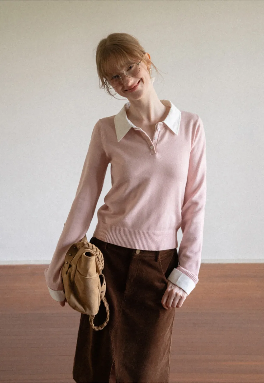 Contrast Collar Ribbed Knit Polo Sweater