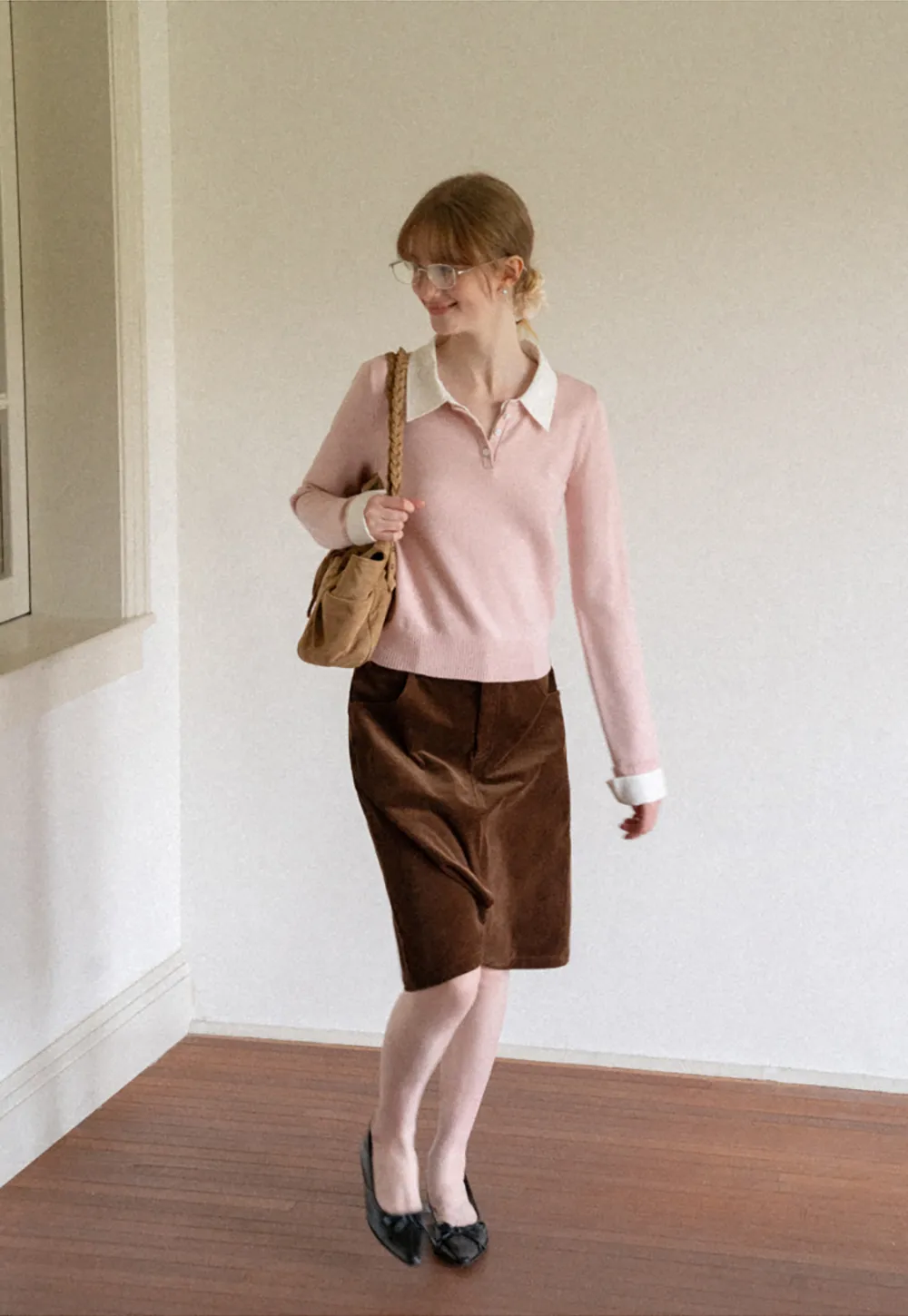 Contrast Collar Ribbed Knit Polo Sweater