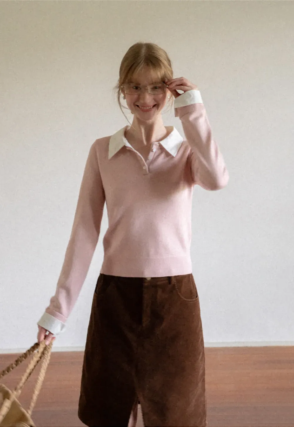 Contrast Collar Ribbed Knit Polo Sweater