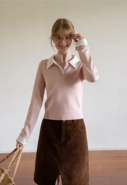 Contrast Collar Ribbed Knit Polo Sweater