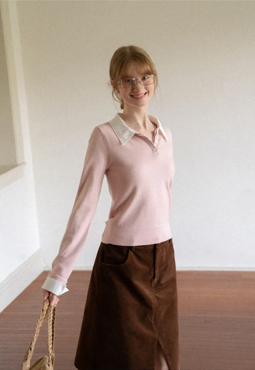 Contrast Collar Ribbed Knit Polo Sweater