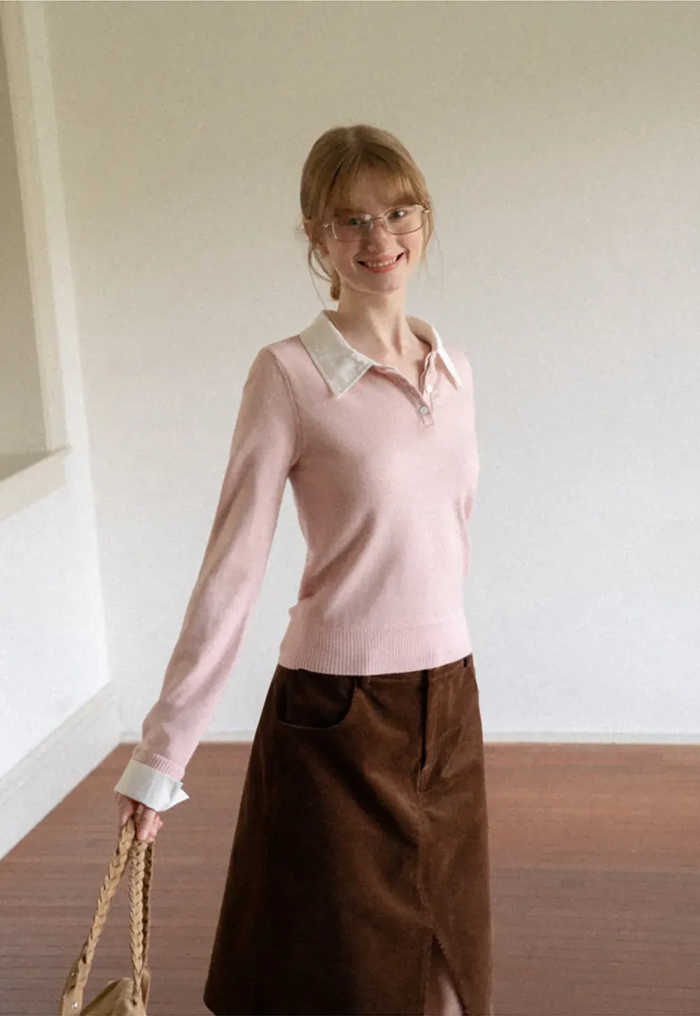 Contrast Collar Ribbed Knit Polo Sweater