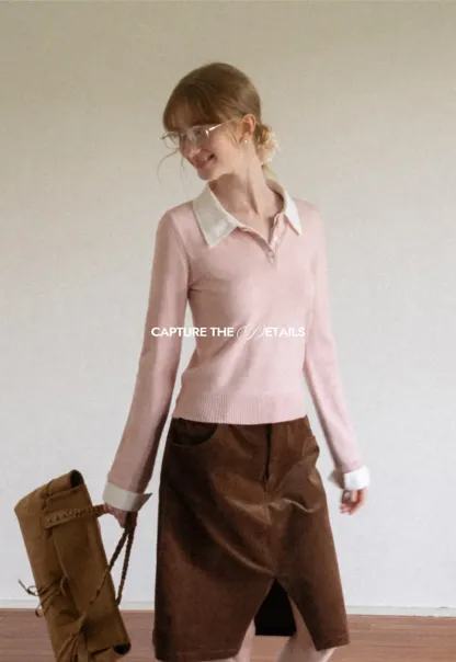 Contrast Collar Ribbed Knit Polo Sweater