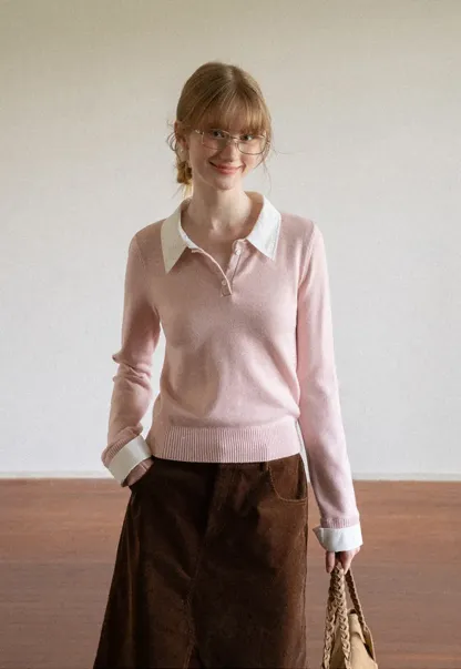 Contrast Collar Ribbed Knit Polo Sweater
