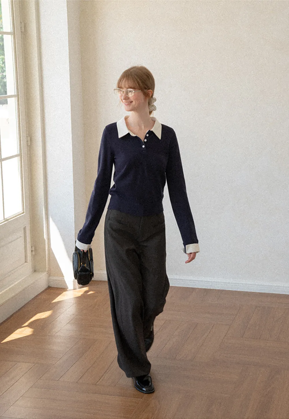 Contrast Collar Ribbed Knit Polo Sweater