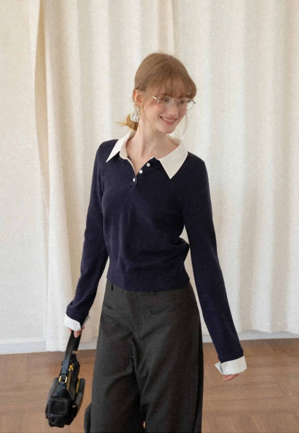 Contrast Collar Ribbed Knit Polo Sweater