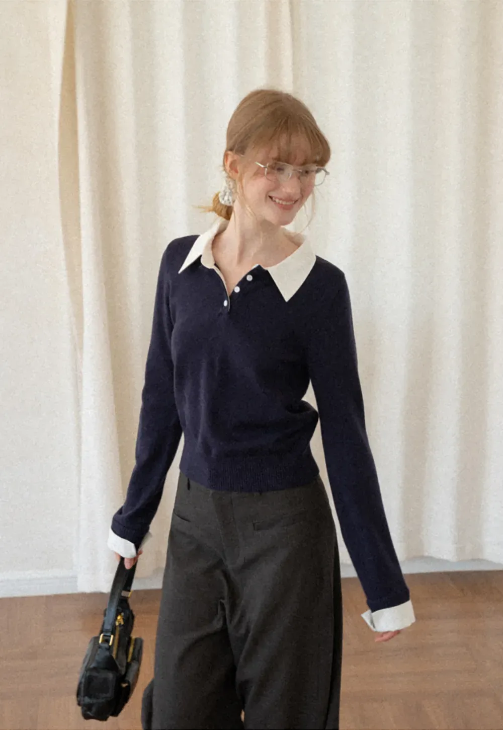 Contrast Collar Ribbed Knit Polo Sweater