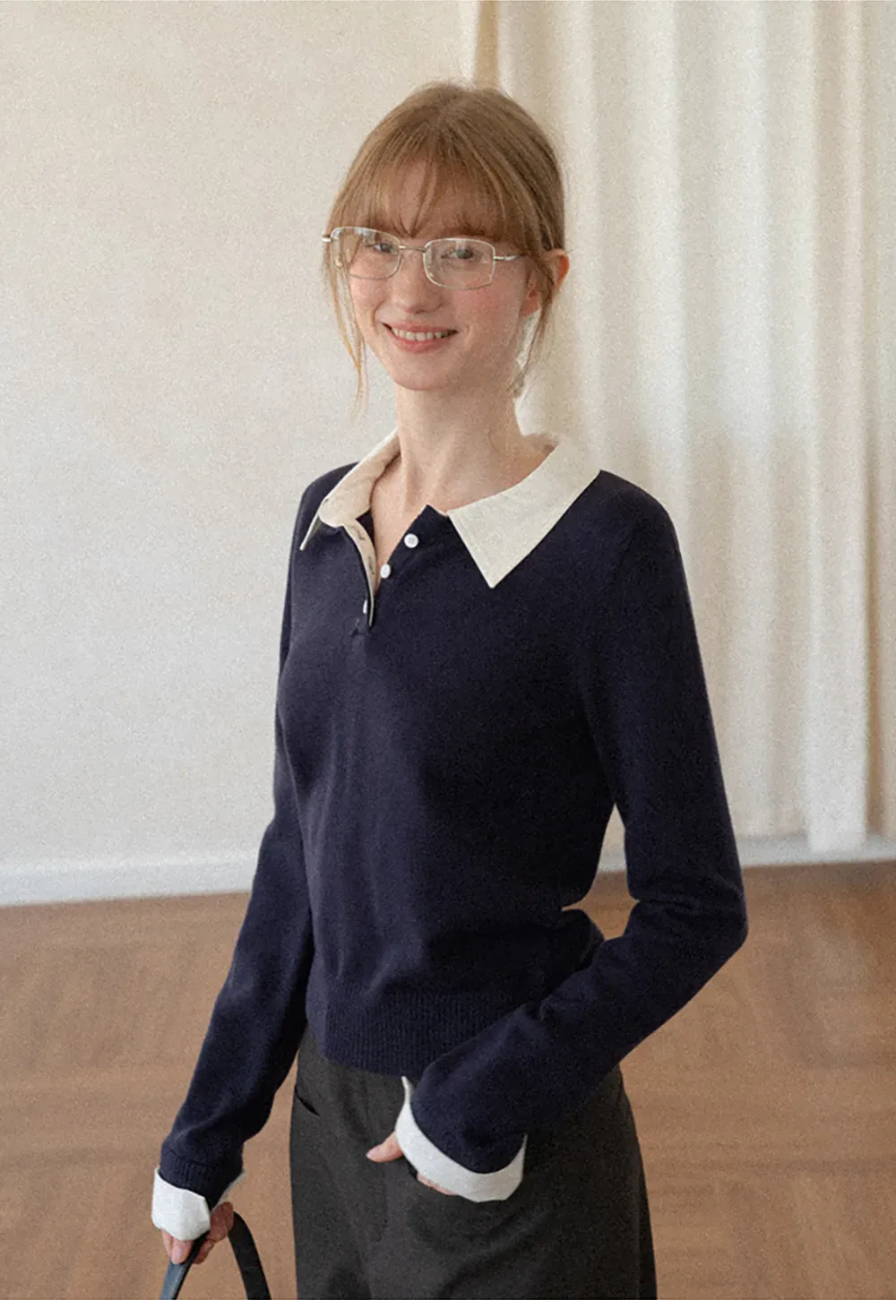 Contrast Collar Ribbed Knit Polo Sweater