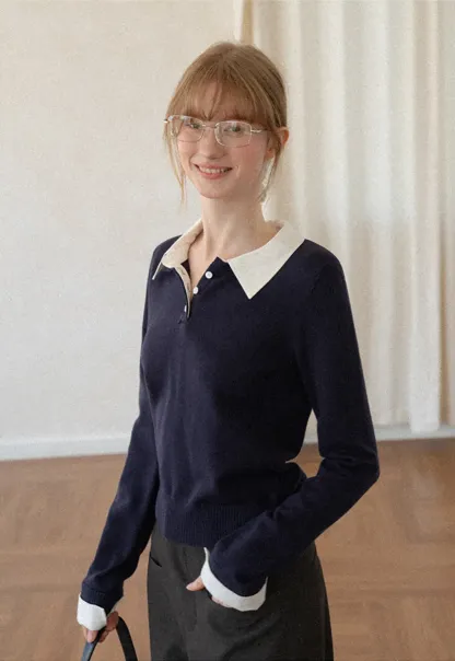 Contrast Collar Ribbed Knit Polo Sweater
