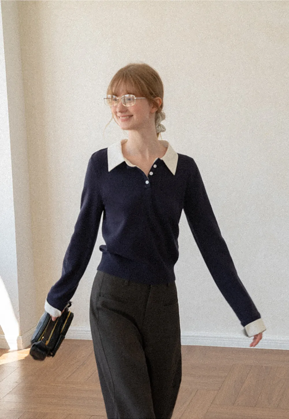 Contrast Collar Ribbed Knit Polo Sweater
