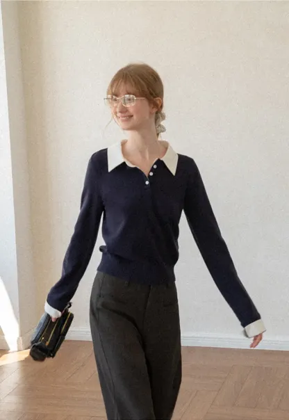 Contrast Collar Ribbed Knit Polo Sweater