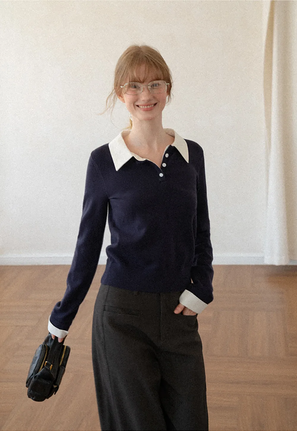 Contrast Collar Ribbed Knit Polo Sweater