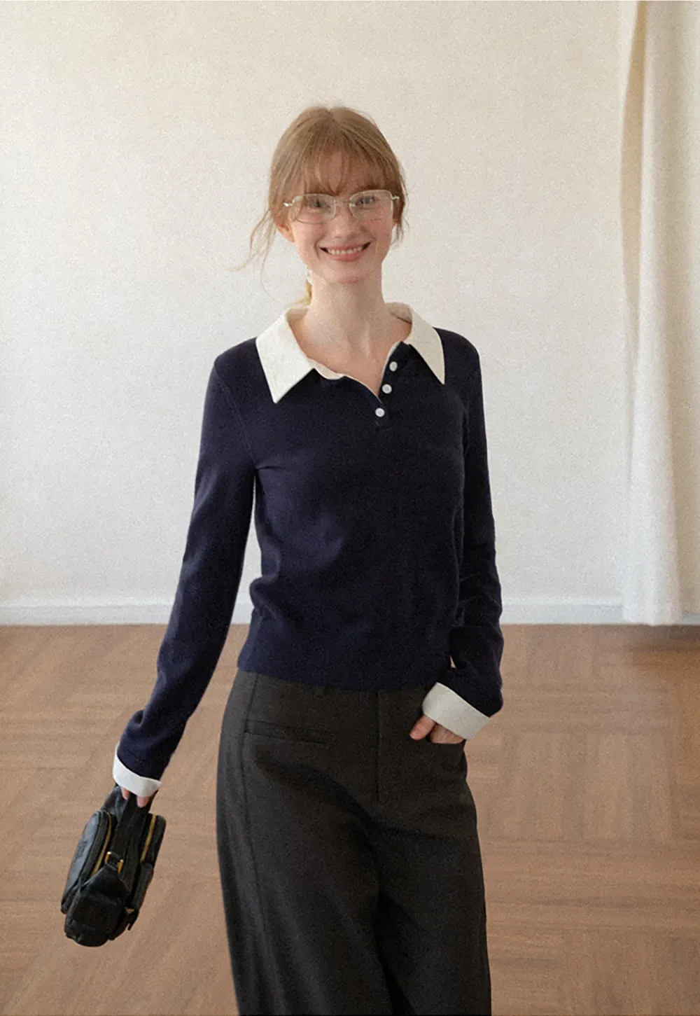 Contrast Collar Ribbed Knit Polo Sweater