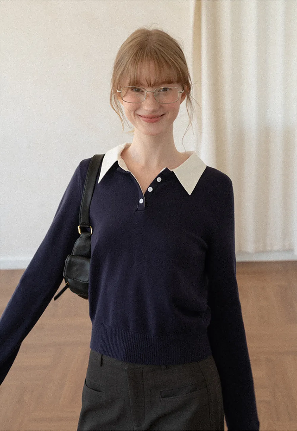 Contrast Collar Ribbed Knit Polo Sweater