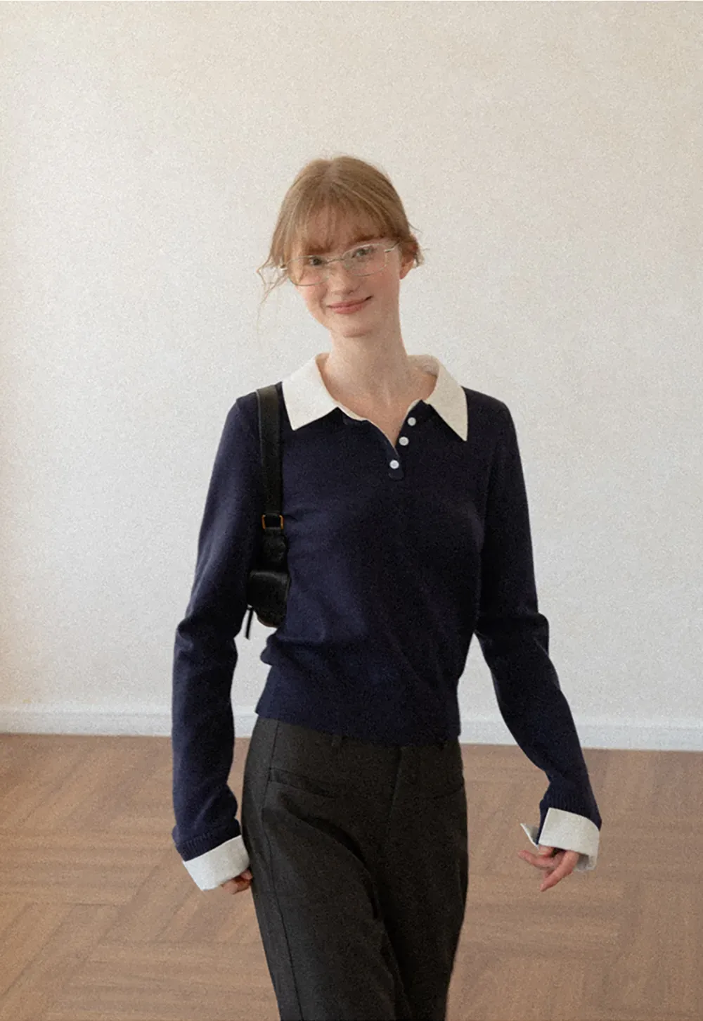 Contrast Collar Ribbed Knit Polo Sweater