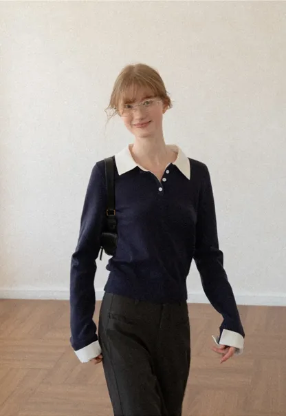 Contrast Collar Ribbed Knit Polo Sweater