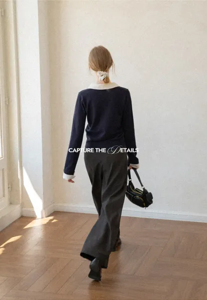 Contrast Collar Ribbed Knit Polo Sweater