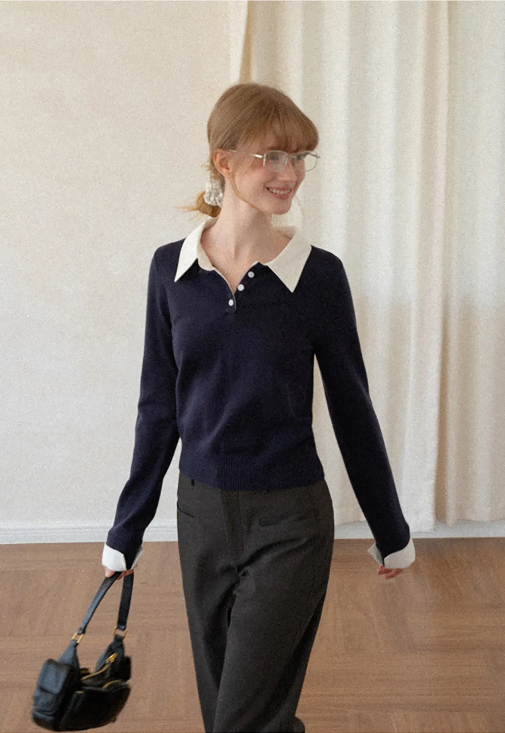 Contrast Collar Ribbed Knit Polo Sweater