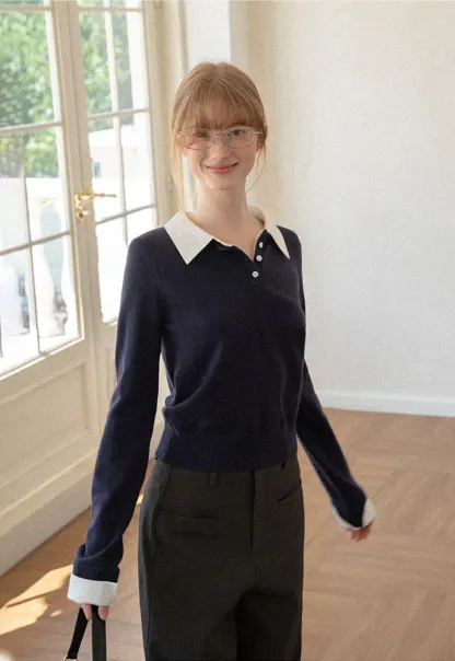 Contrast Collar Ribbed Knit Polo Sweater