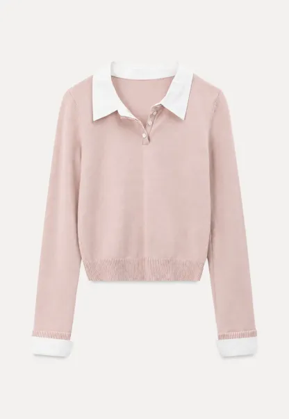 Contrast Collar Ribbed Knit Polo Sweater