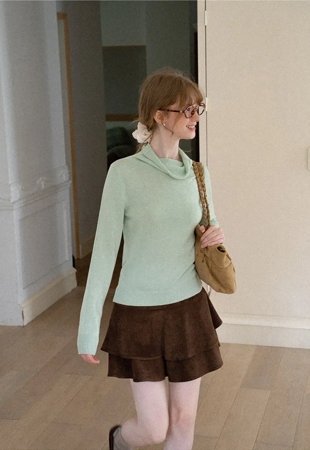 Turtleneck Ribbed Hem Woolen Knit Sweater