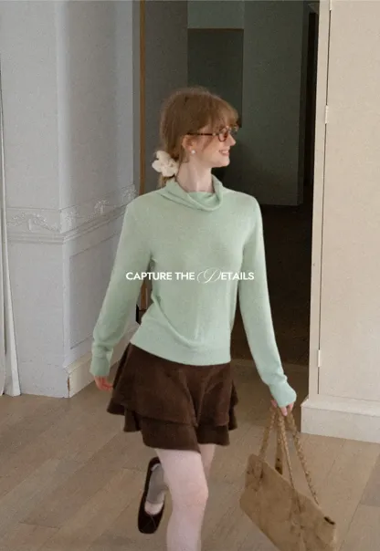 Turtleneck Ribbed Hem Woolen Knit Sweater