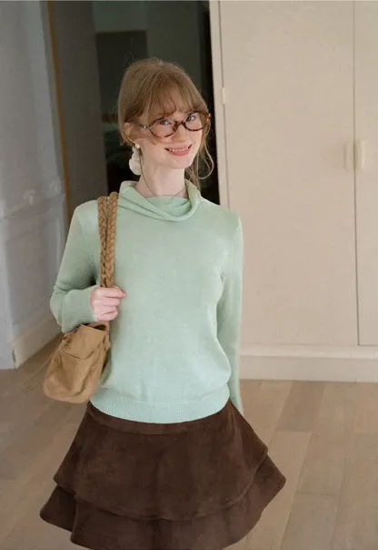 Turtleneck Ribbed Hem Woolen Knit Sweater