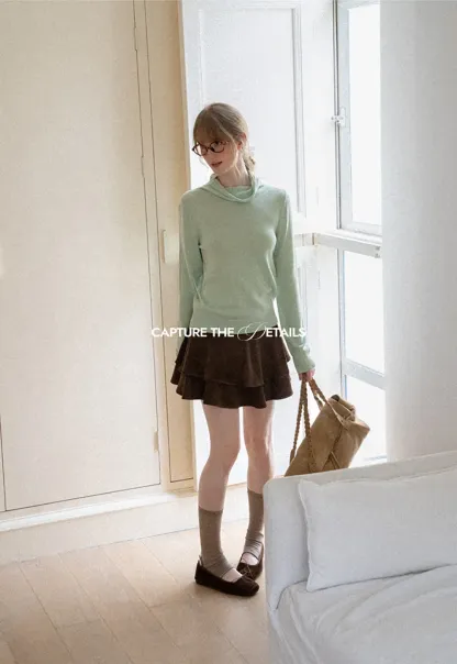 Turtleneck Ribbed Hem Woolen Knit Sweater