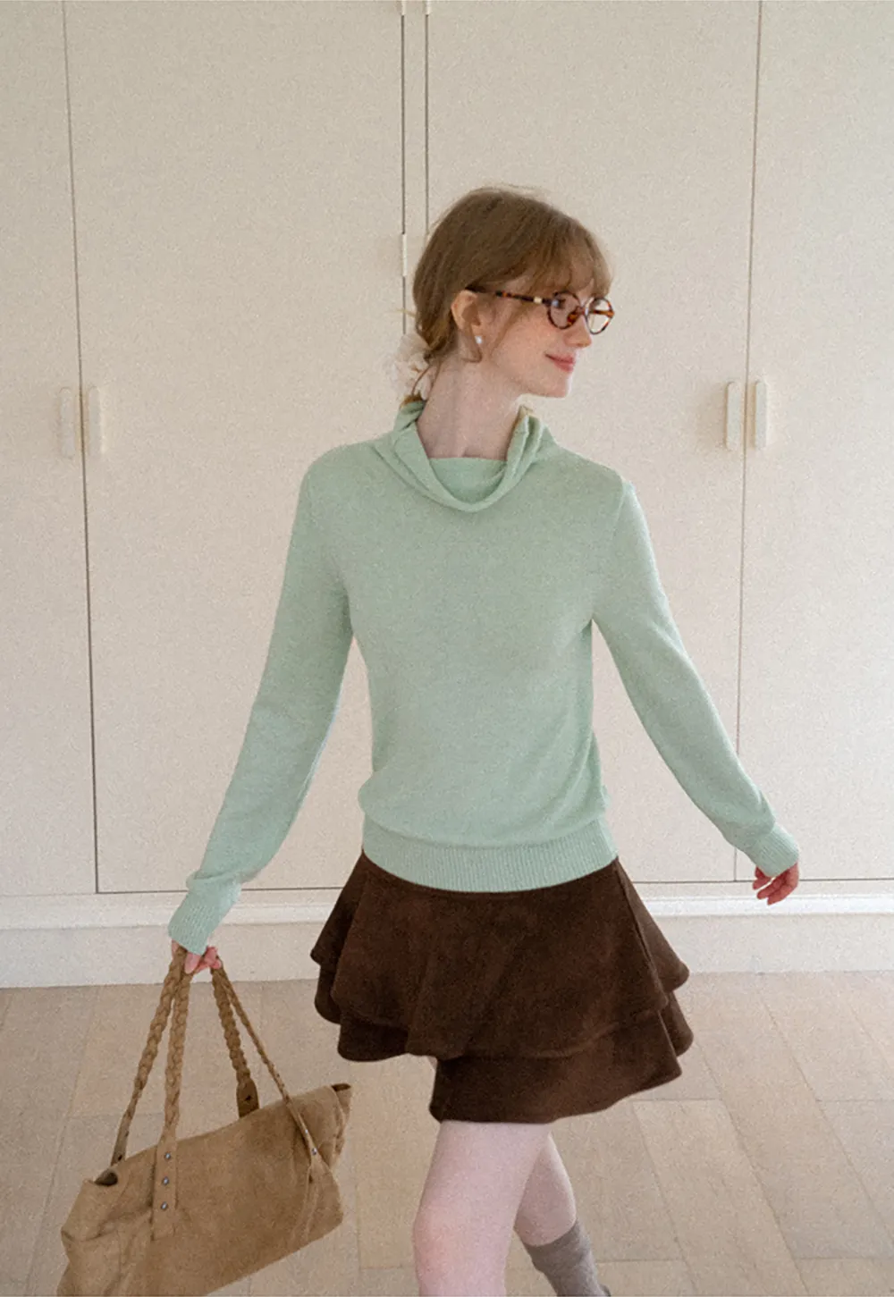 Turtleneck Ribbed Hem Woolen Knit Sweater