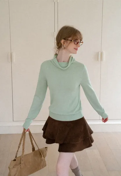 Turtleneck Ribbed Hem Woolen Knit Sweater