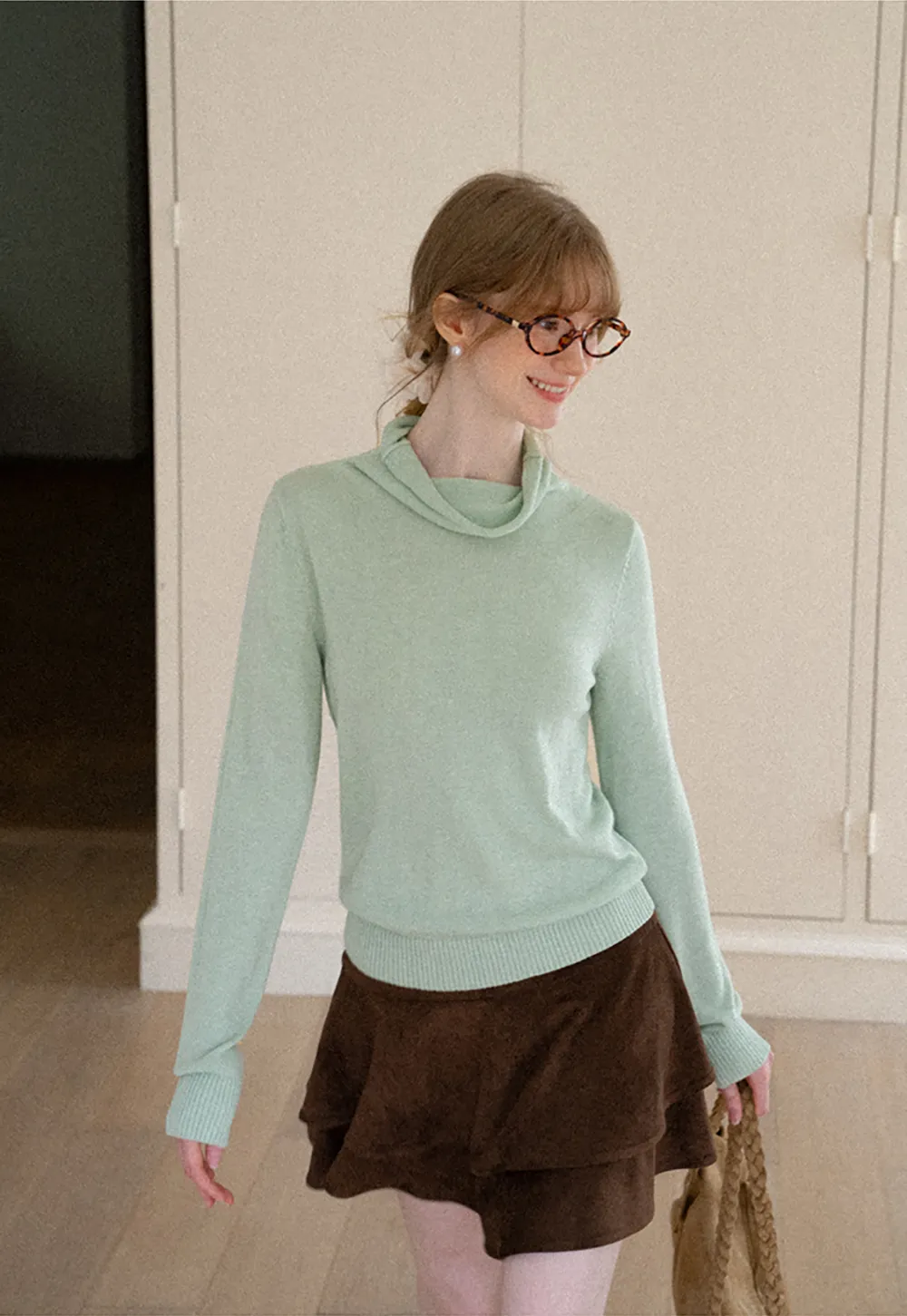 Turtleneck Ribbed Hem Woolen Knit Sweater