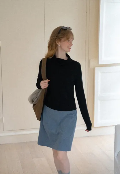 Turtleneck Ribbed Hem Woolen Knit Sweater