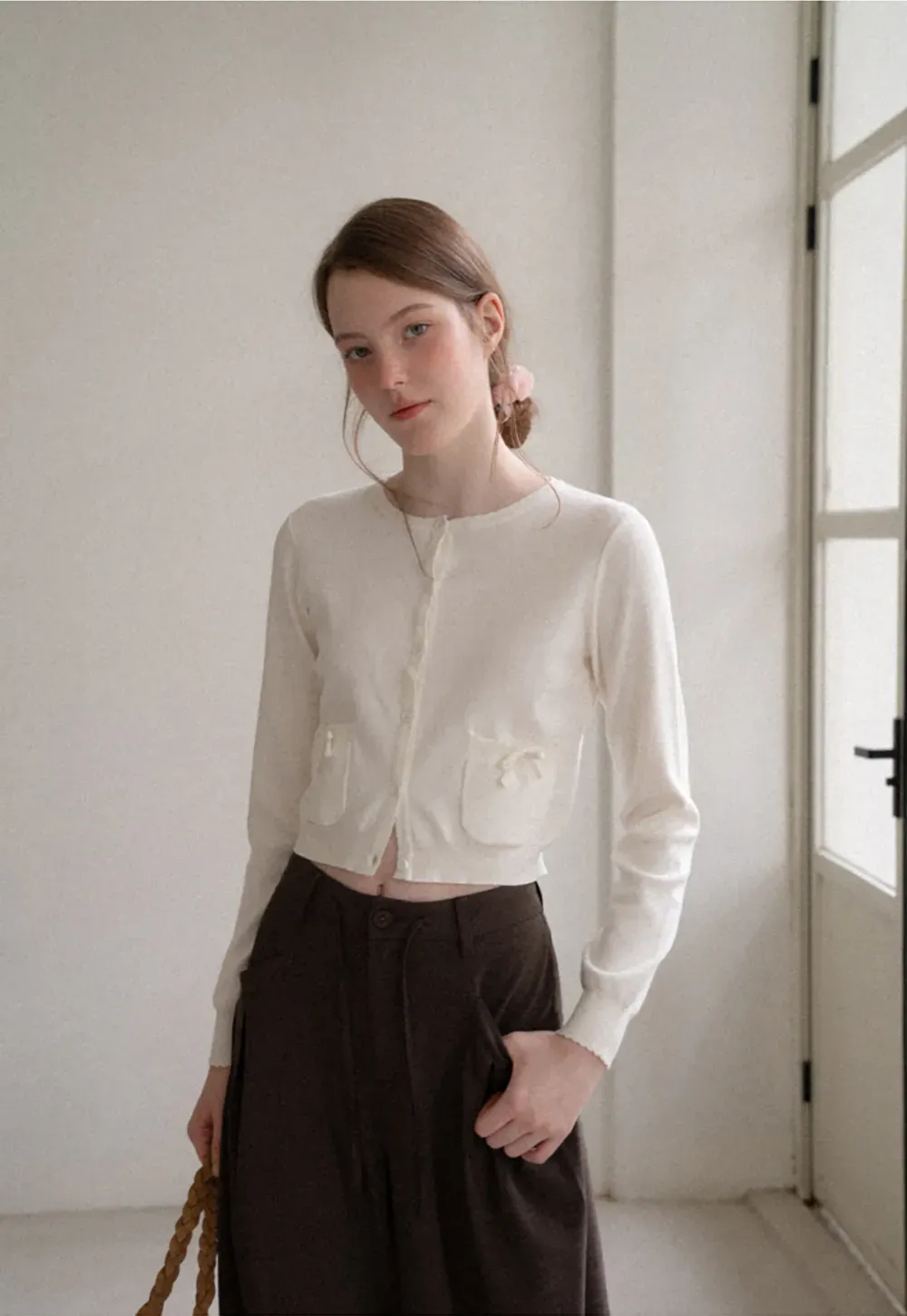 Button Front Cardigan with Drawstring Detail Woolen Knit Sweater