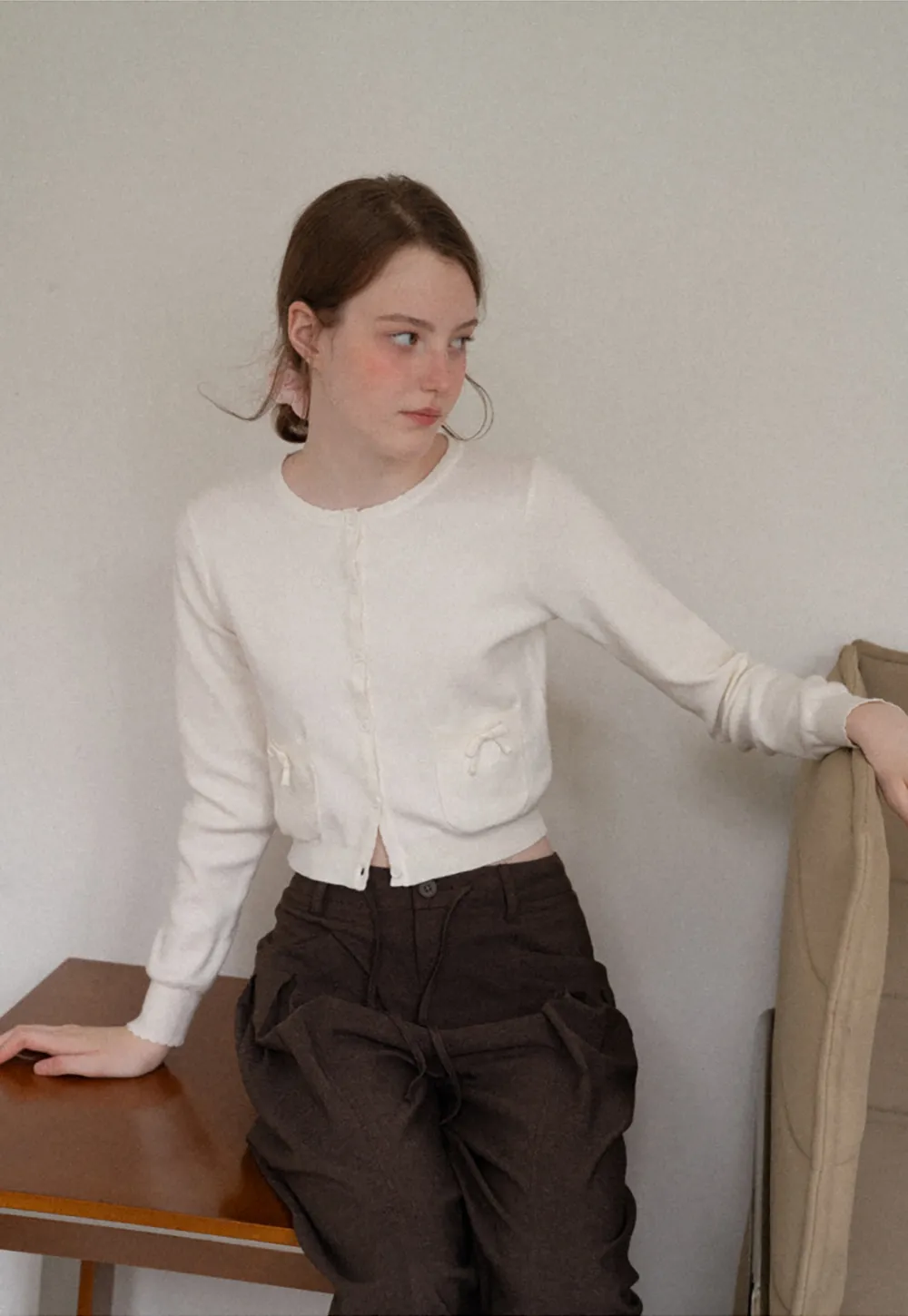 Button Front Cardigan with Drawstring Detail Woolen Knit Sweater