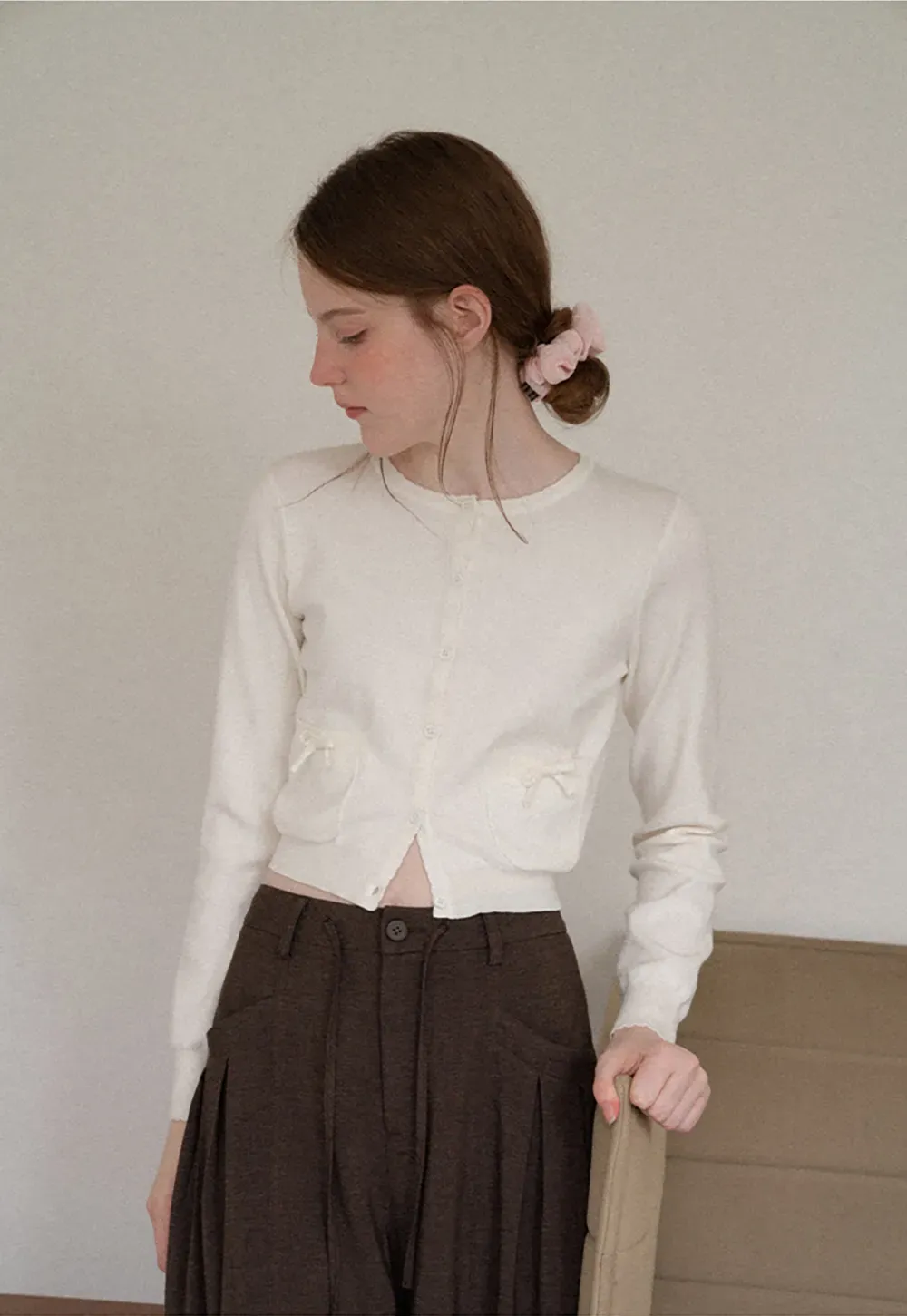 Button Front Cardigan with Drawstring Detail Woolen Knit Sweater